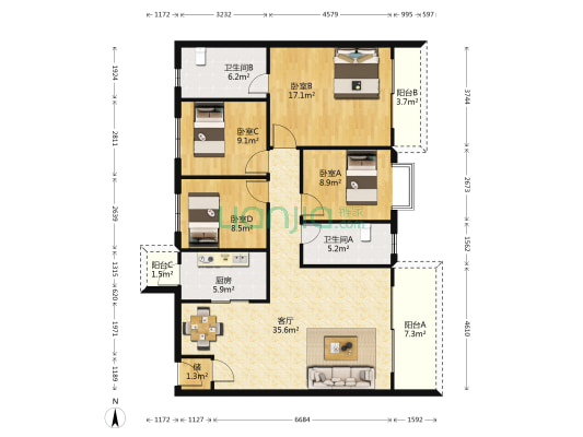 景新花园 4室1厅2卫 130平方