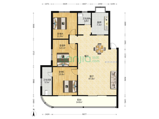 国税局宿舍楼 3室1厅2卫 130平方