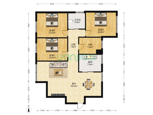 天龙阁 4室1厅1卫 156平方