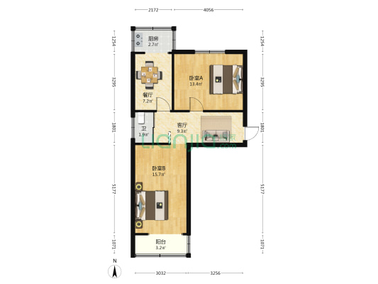 化工宿舍本楼 2室2厅1卫 67平方