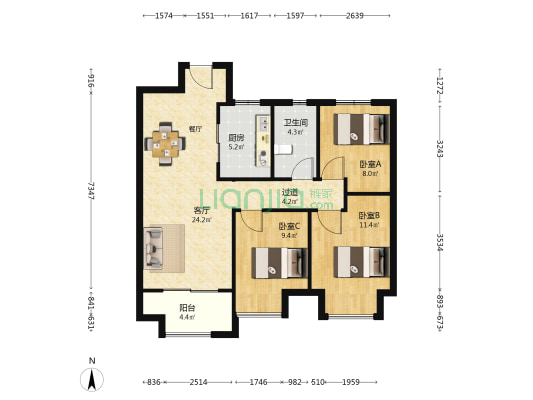 玺悦珑庭 3室1厅1卫 95平方
