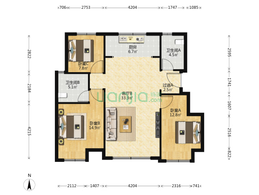 一方天鹅湖三期 3室1厅2卫 105平方