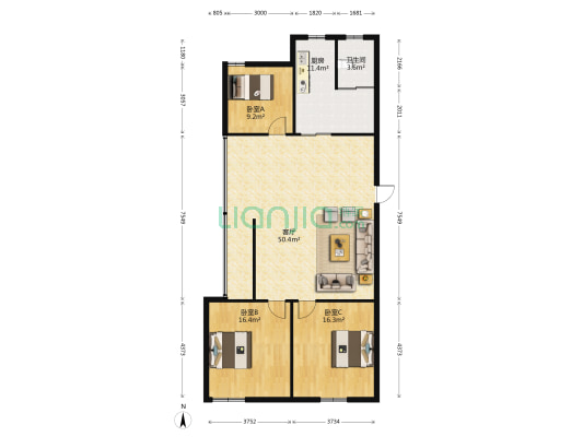 农商银行宿舍 3室1厅1卫 132平方