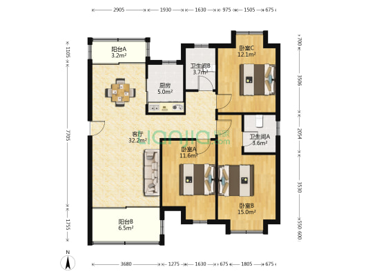 汇丰时代(吉阳路) 3室1厅2卫 120平方