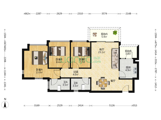 正德天水湖观澜 3室1厅2卫 90平方