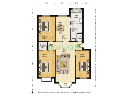 都市阳光公寓 3室2厅3卫 129平方