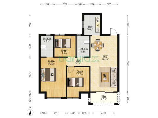 百好锦园 3室1厅2卫 108平方