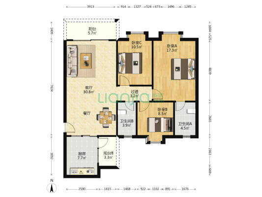 麗星花園 3室1厅2卫 110平方