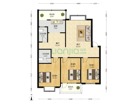 电信宿舍 3室2厅2卫 114平方