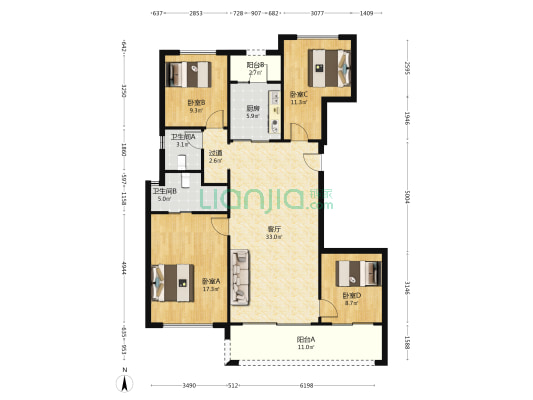 中南华宇君启 4室1厅2卫 136平方