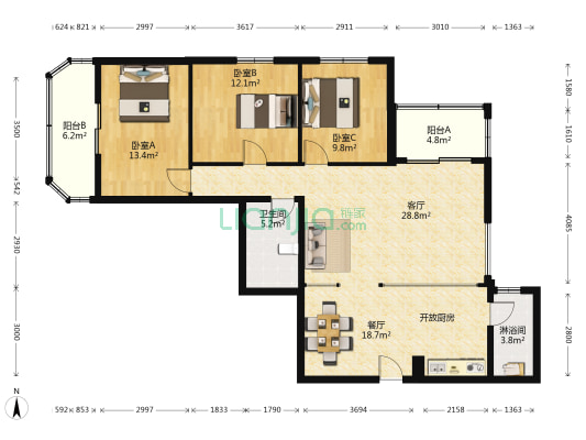 双花园南里一区 3室2厅2卫 144平方