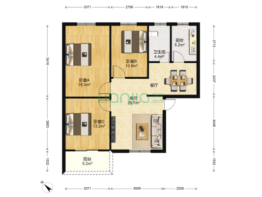 卓刀泉村 3室1厅1卫 107平方