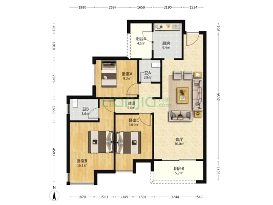 星悦礼玉金湾玉麟阁C区 3室1厅2卫 111平方