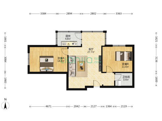 富民小区 2室1厅1卫 84平方