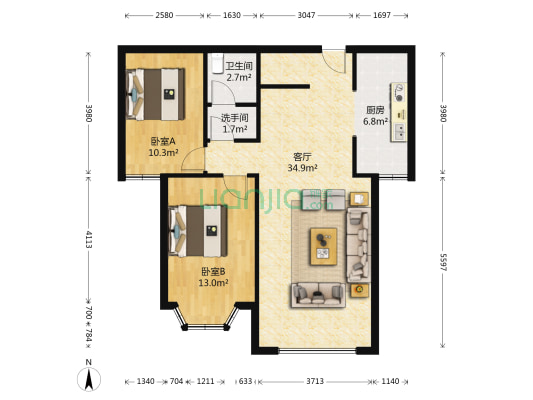 钻石广场全阳两居室精装修拎包入住-户型图