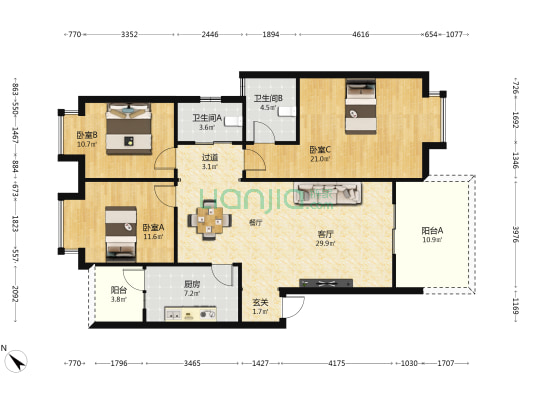 丽都新城三期 3室1厅2卫 115平方
