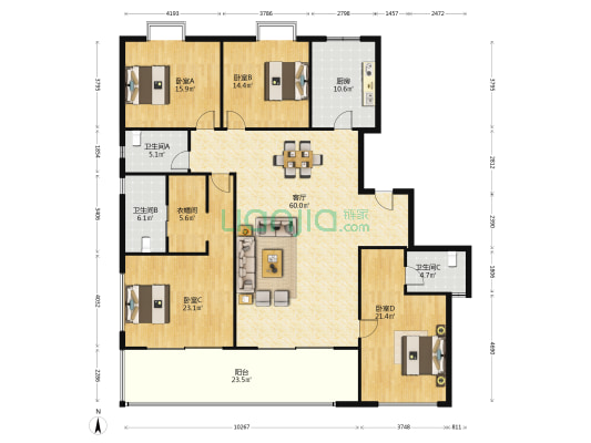 印湘江一期 4室1厅3卫 234平方