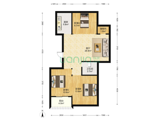 商城嘉美广场 3室1厅1卫 95平方