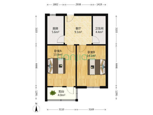 英雄山路87号 2室1厅1卫 62平方
