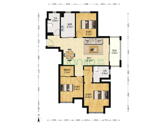龙湖香醍漫步 3室1厅2卫 113平方
