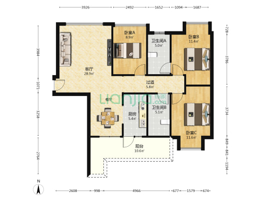园湖南路26号 3室1厅2卫 110平方