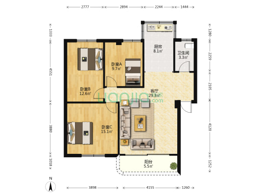 徐屋南华声花园 3室1厅1卫 96平方