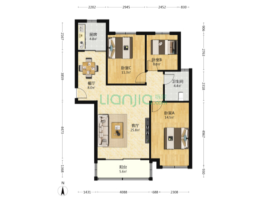 北苑 3室2厅1卫 114平方
