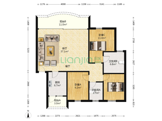 江滨花园一期 3室1厅2卫 97平方