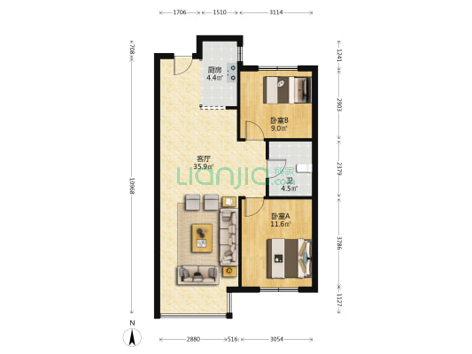 中海同心湖境 2室1厅1卫 88平方