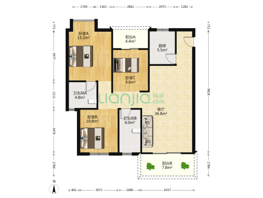 林湖景苑小区 3室1厅2卫 129平方