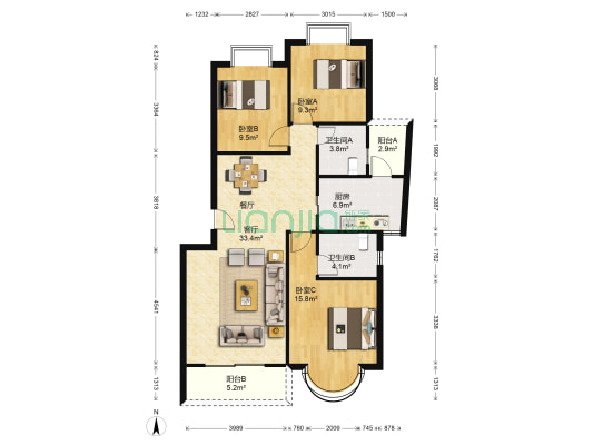 水晶之城四期 3室1厅2卫 108平方
