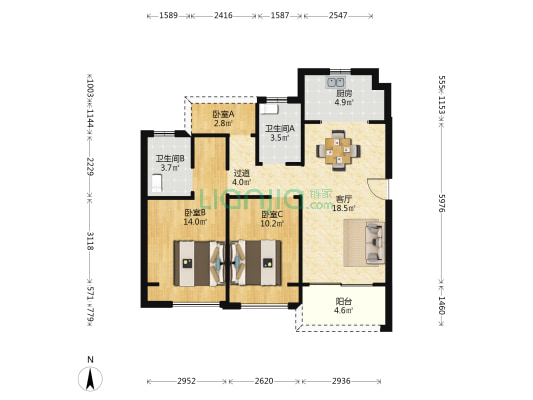 中洲云睿府 3室1厅2卫 86平方
