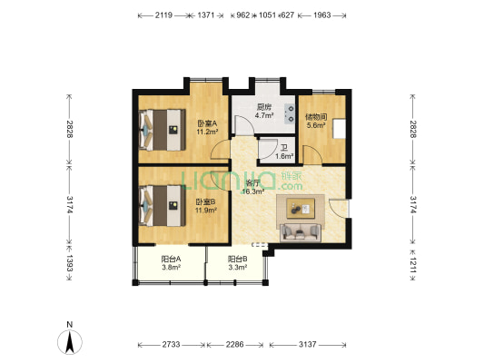 开发公司小区 2室1厅1卫 58平方