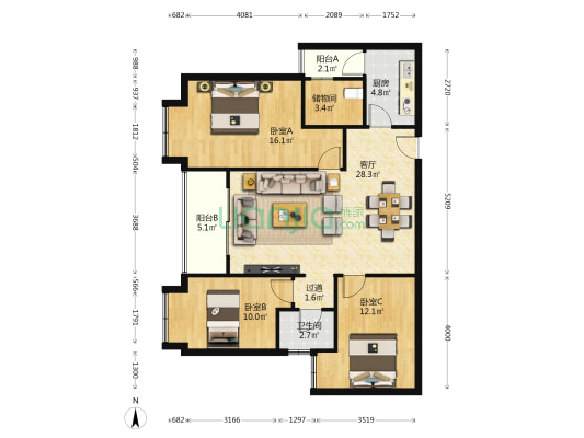 金堂商会大厦 3室1厅1卫 106平方