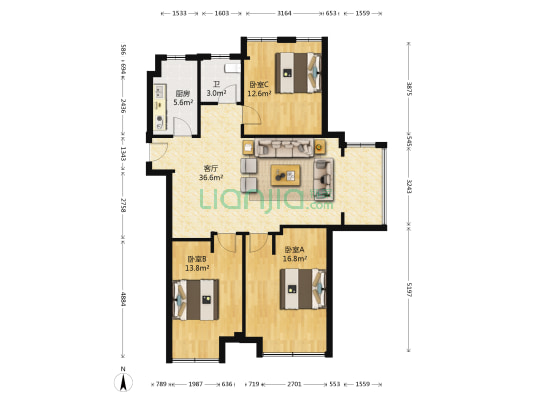横河家园 3室1厅1卫 103平方