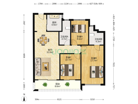 金科博翠碧蓝湾 3室1厅2卫 111平方