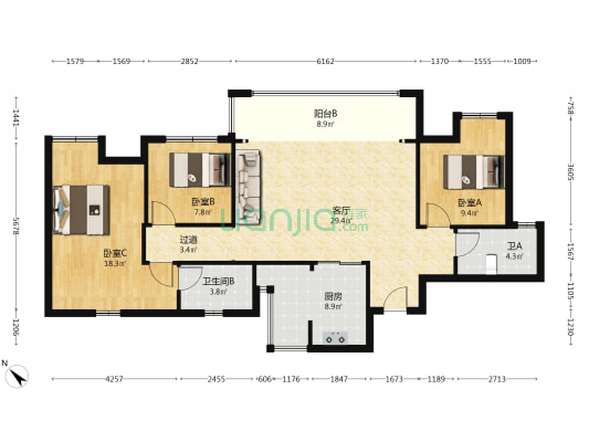 鑫苑名筑 3室1厅2卫 118平方
