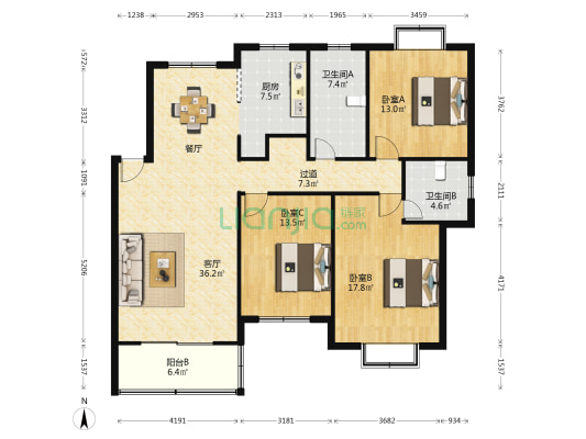 兰沁苑 3室1厅2卫 132平方