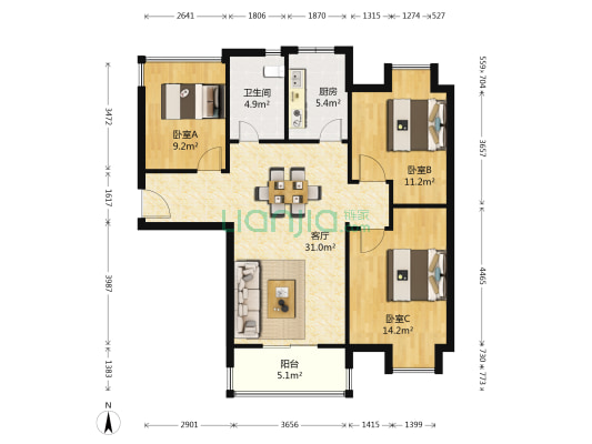 祥生柏景湾 3室1厅1卫 102平方