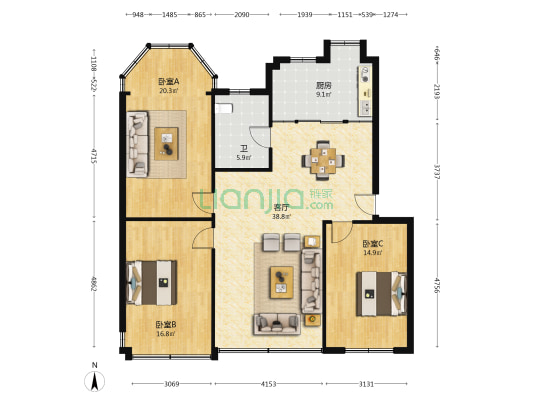 庆丰村综合楼 3室1厅1卫 128平方