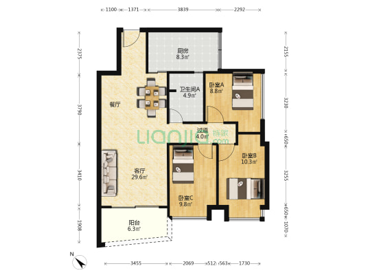 豪晴苑 3室1厅1卫 95平方