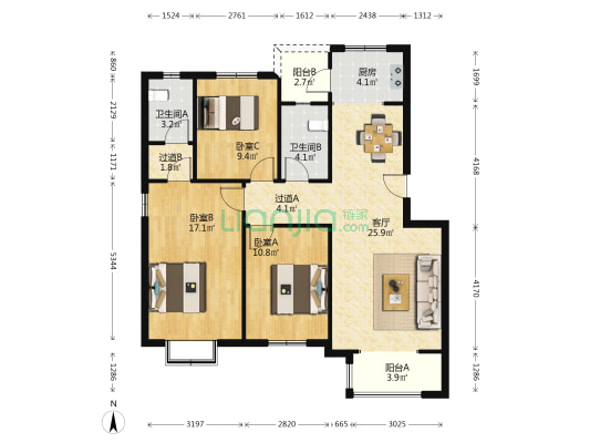 正北名城二期 3室1厅2卫 107平方