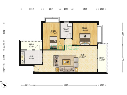 城市花园富康苑 2室1厅1卫 102平方