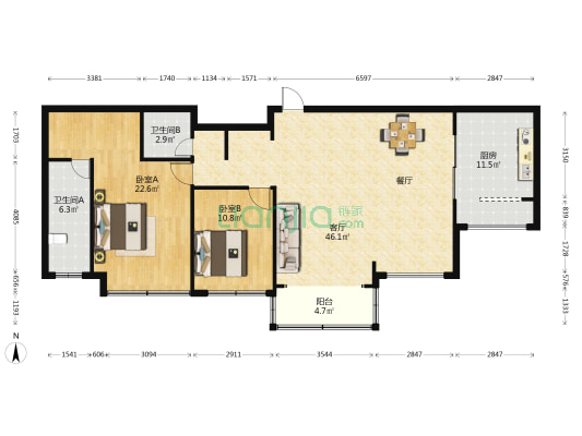 御泉万景 2室1厅2卫 91平方