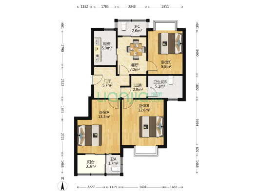 横径苑 3室1厅3卫 92平方