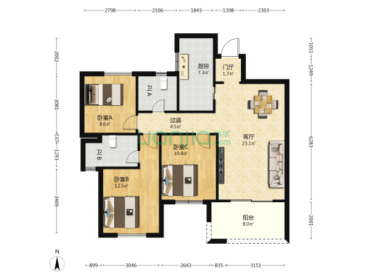 椰风水韵南区 3室1厅2卫 108平方
