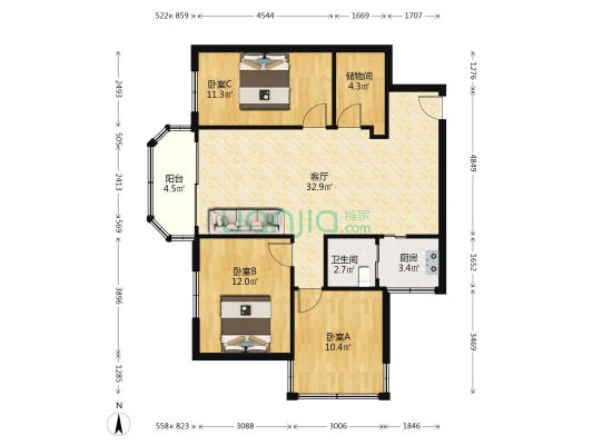 云和花园 3室1厅1卫 90平方