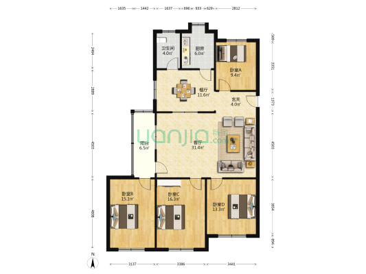 旭日中大道25号 4室2厅1卫 135平方
