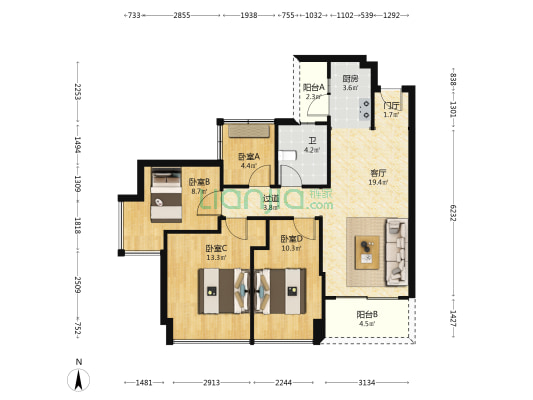 勤天熹园 4室1厅1卫 91平方