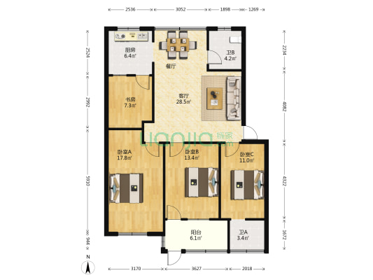 鄂州市经济贸易委员会宿舍 4室1厅2卫 117平方